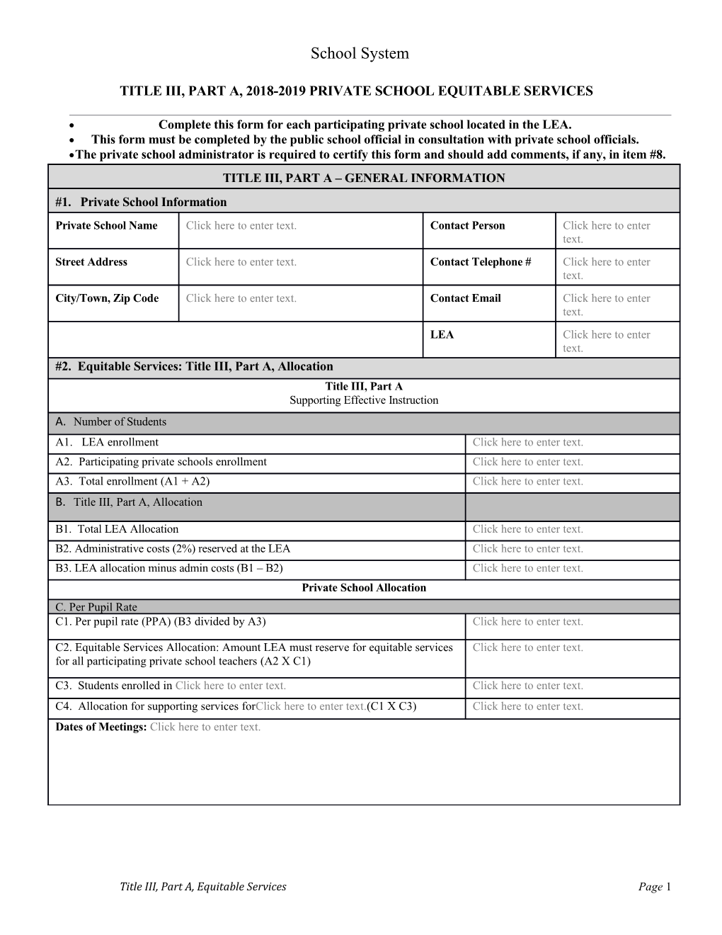 2018-2019 Private School Title III Worksheet and Service Agreement