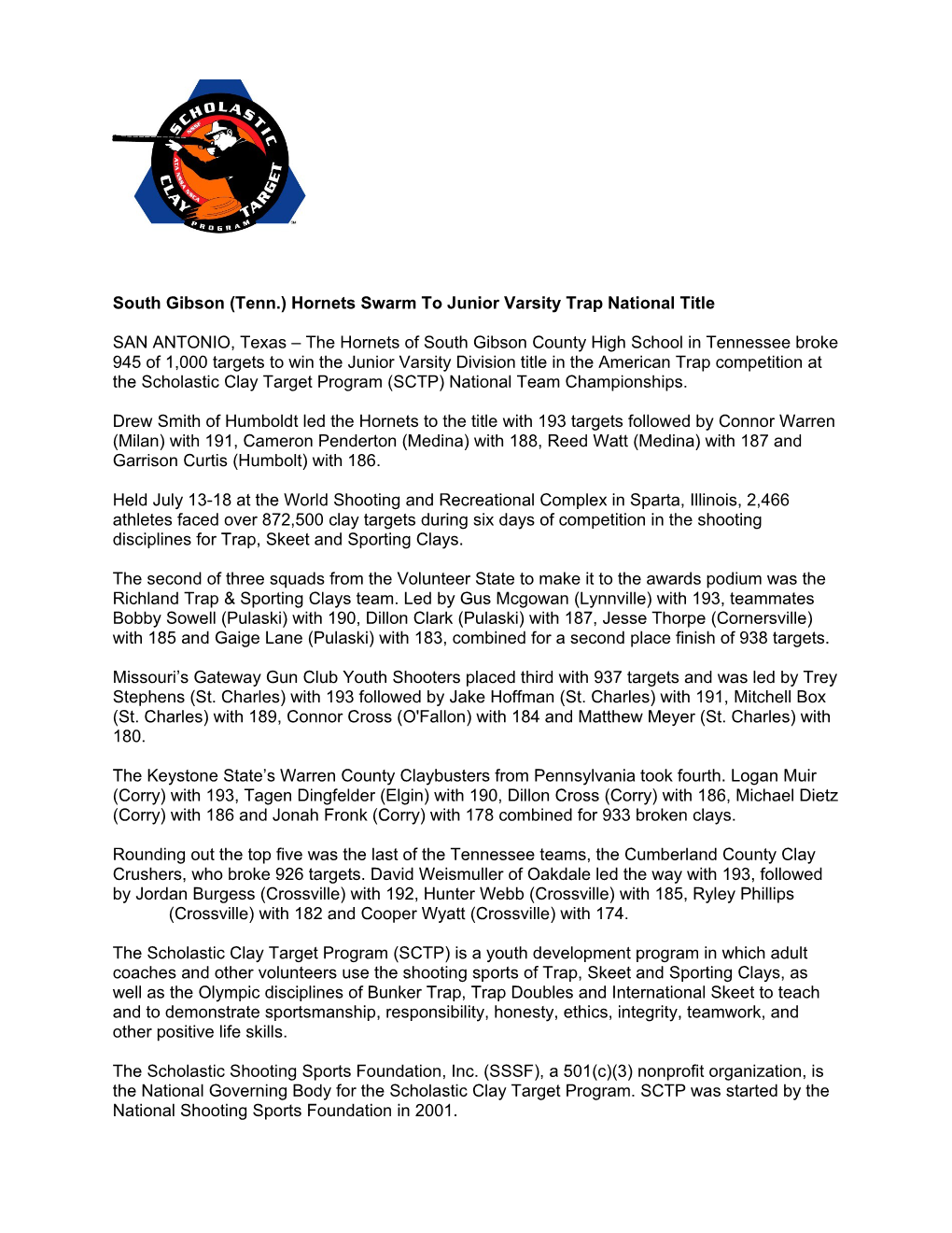 South Gibson (Tenn.) Hornets Swarm to Junior Varsity Trap National Title
