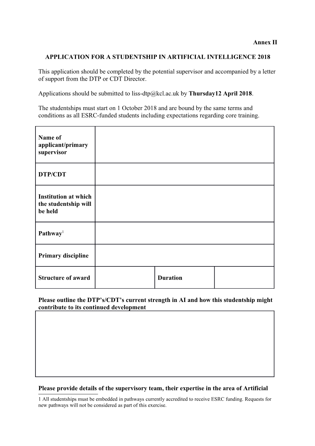 Application for a Studentship in Artificial Intelligence 2018