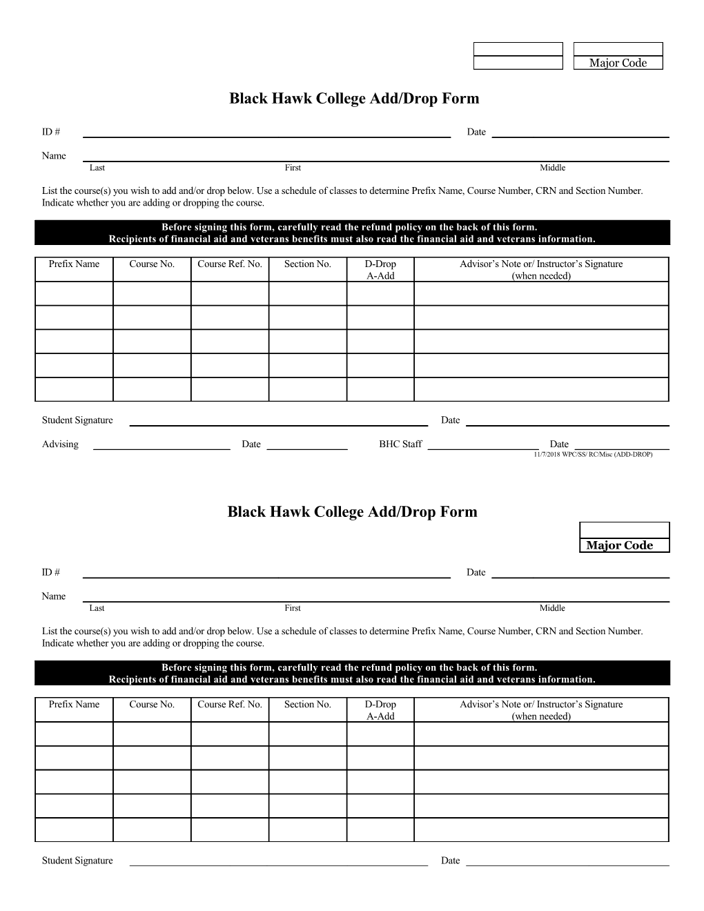 Black Hawk College Add/Drop Form
