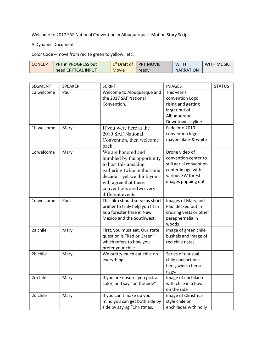 Welcome to 2017 SAF National Convention in Albuquerque Motion Story Script