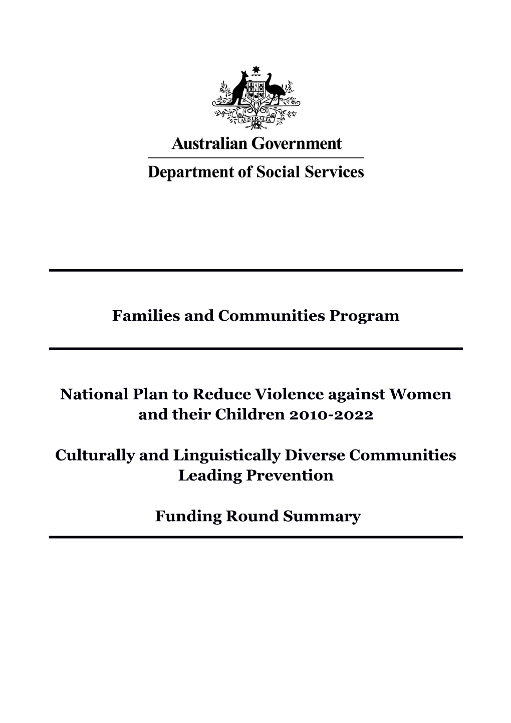 National Plan to Reduce Violence Against Women and Their Children 2010-2022