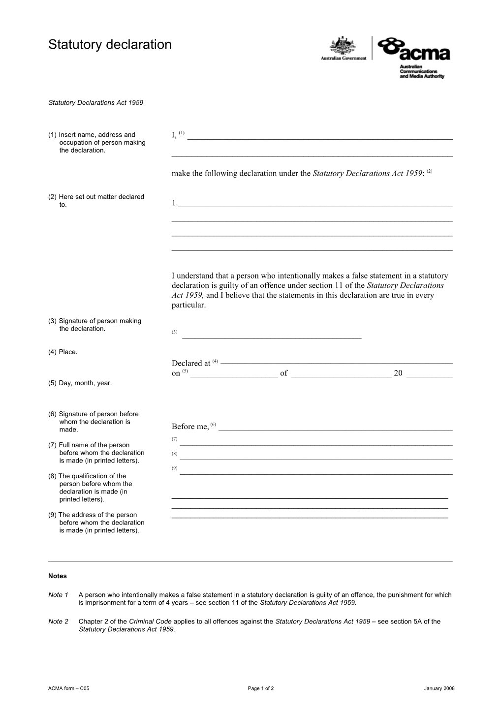 ACMA Form C05page 1 of 2January 2008