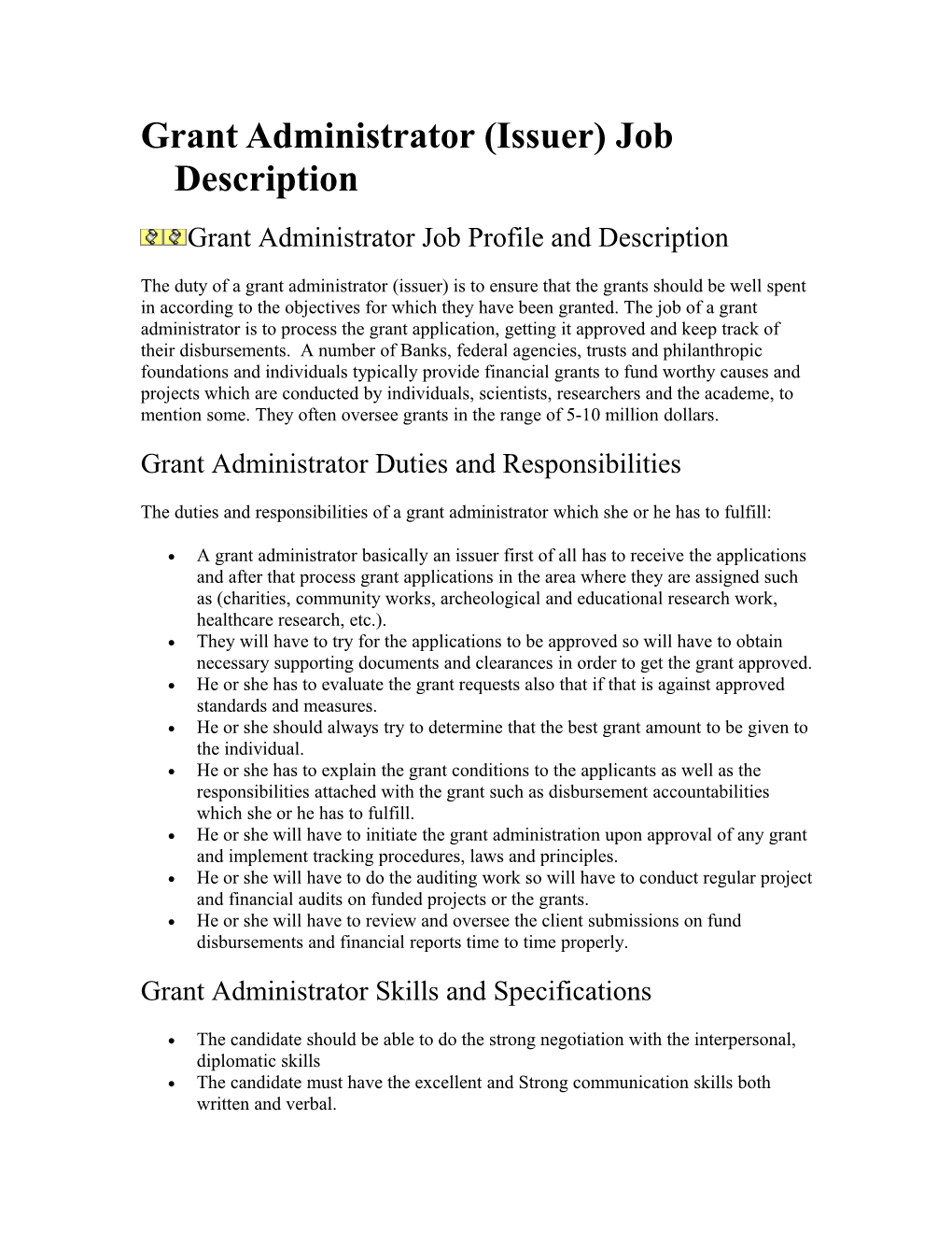 Grant Administrator (Issuer) Job Description