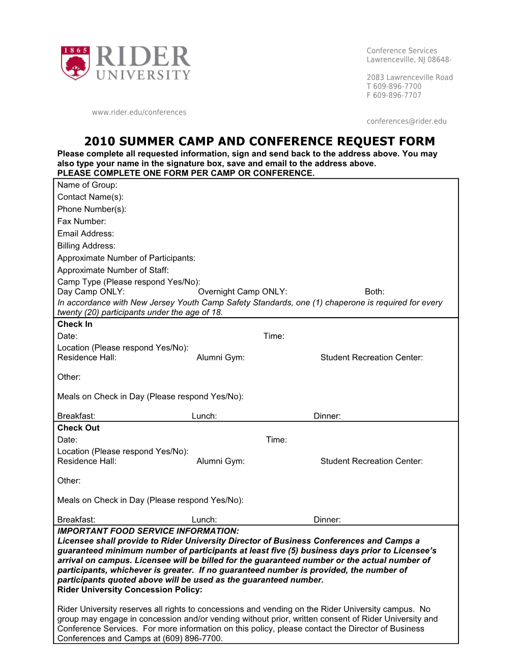 2010 Summer Camp and Conference Request FORM