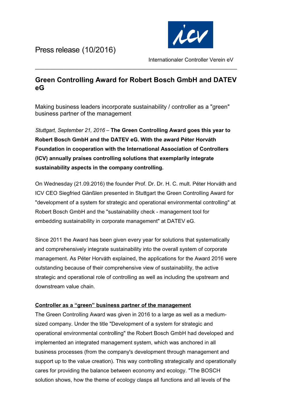 Green Controlling Award for Robert Bosch Gmbh and DATEV Eg