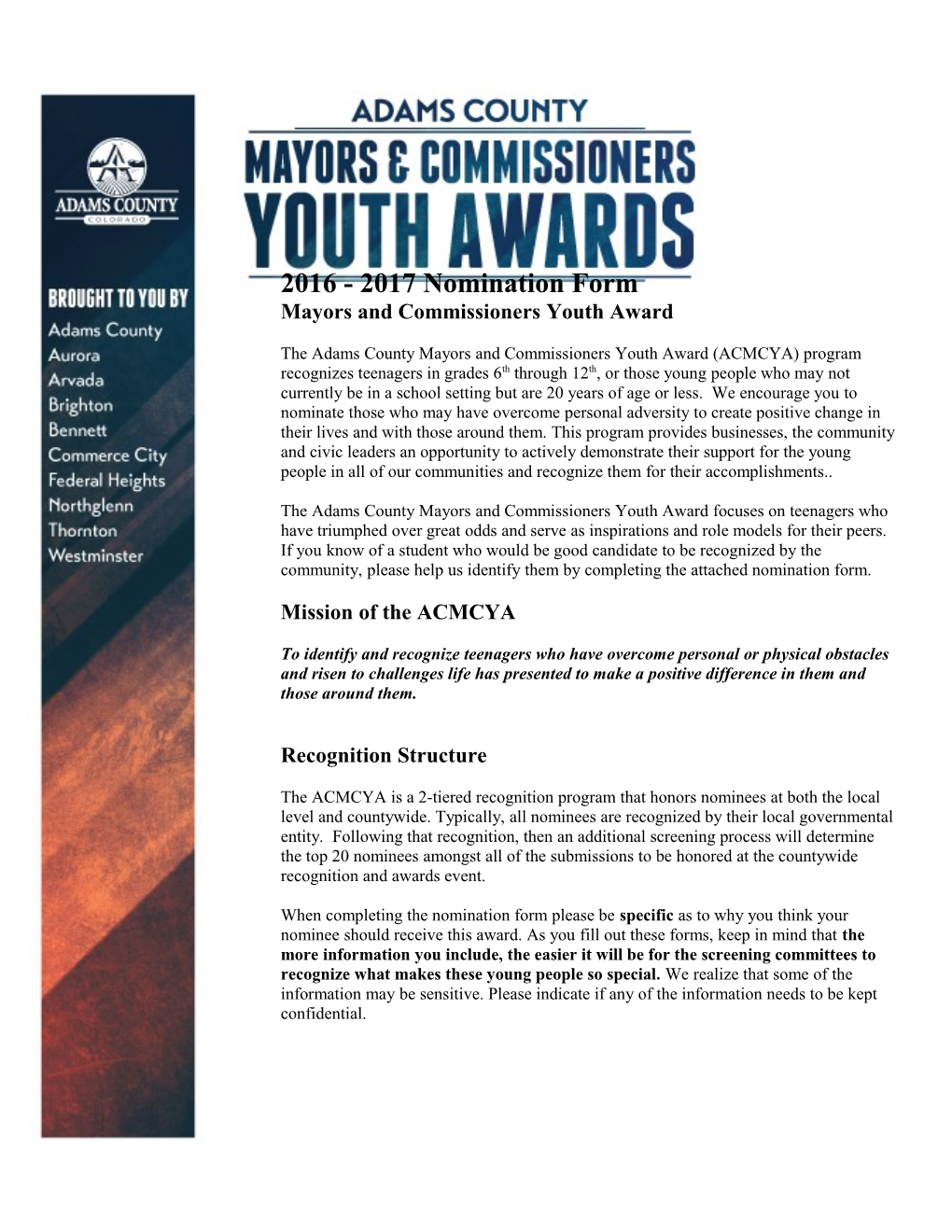 2016 - 2017 Nomination Form Mayors and Commissioners Youth Award