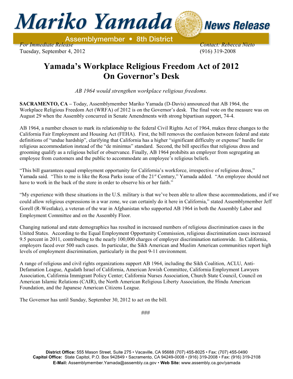 Yamada S Workplace Religious Freedom Act of 2012
