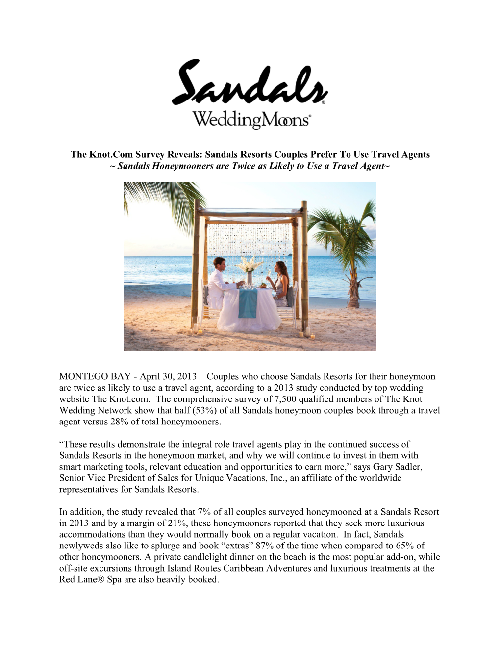 Sandals Honeymoonersare Twice As Likely to Use a Travel Agent