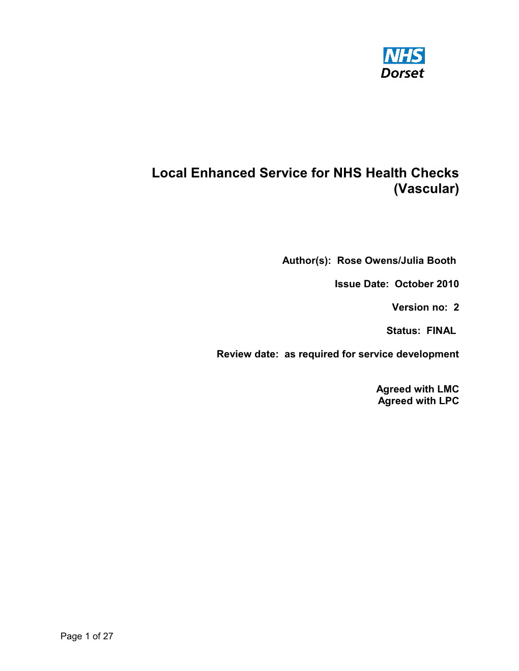 Local Enhanced Service for NHS Health Checks (Vascular)