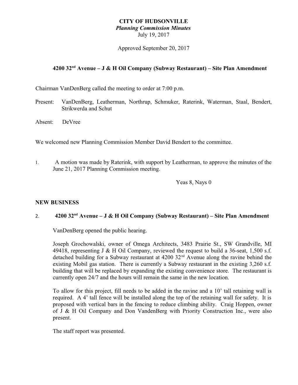 Hudsonville Planning Commission Minutes