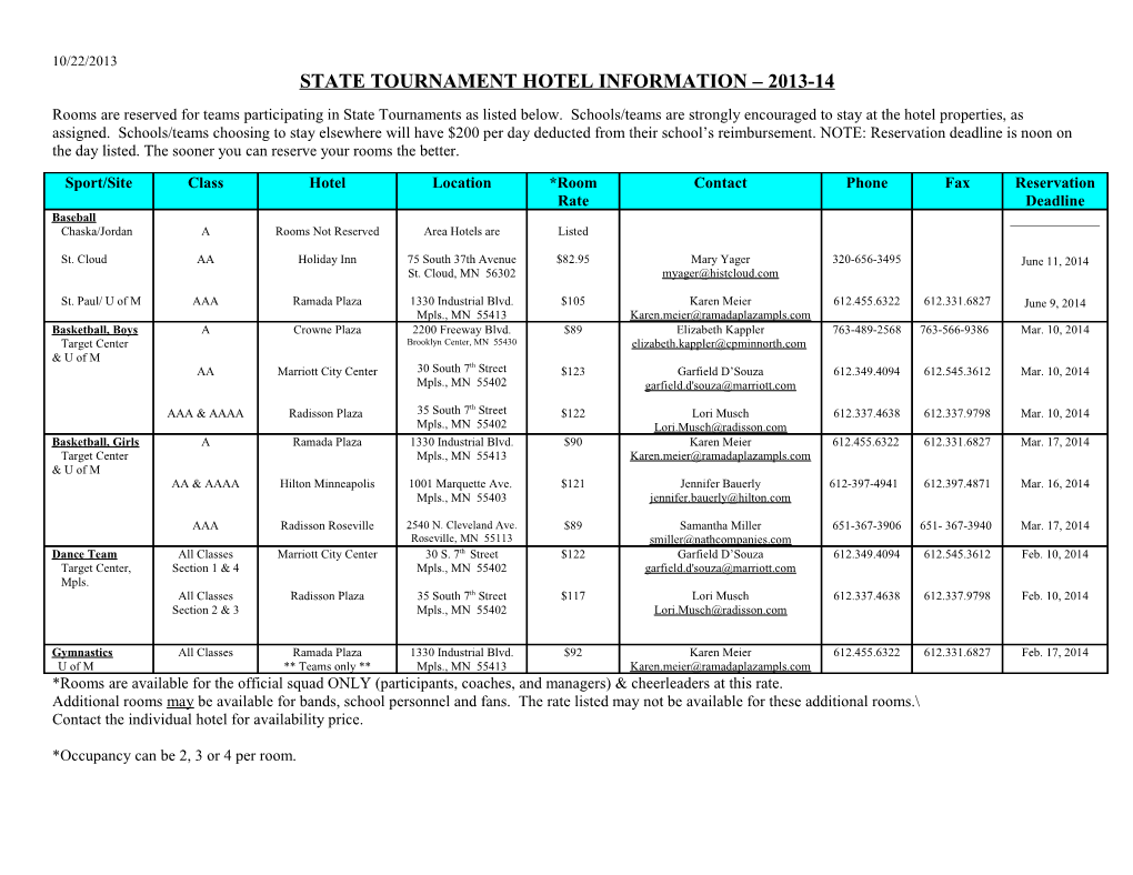 State Tournament Hotel Information