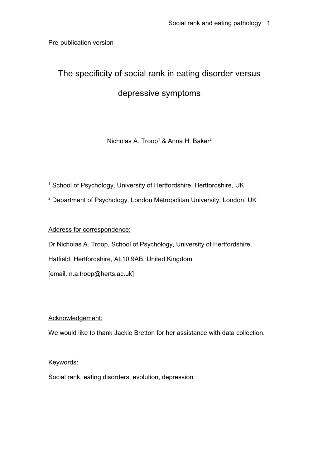 Depressive Versus Eating Disorder Symptoms and Ranking Theory in a Non-Clinical Sample