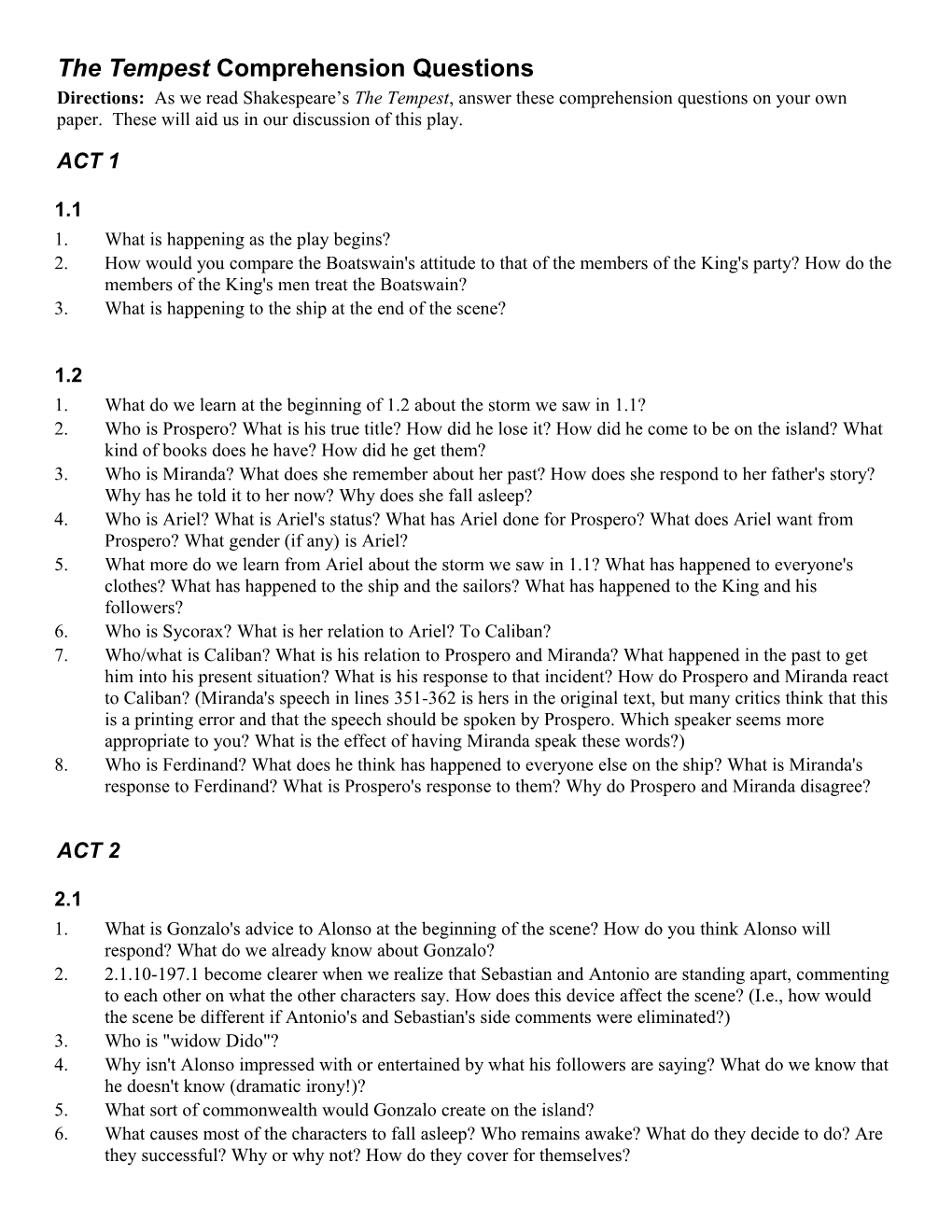 The Tempest Comprehension Questions