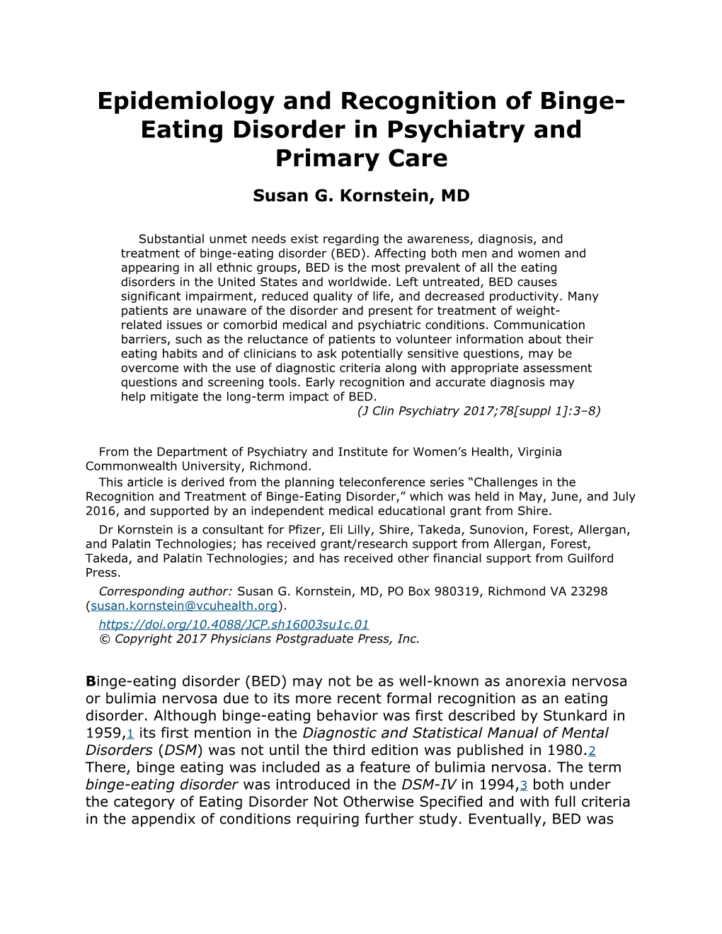 Epidemiology and Recognition of Binge-Eating Disorder in Psychiatry and Primary Care