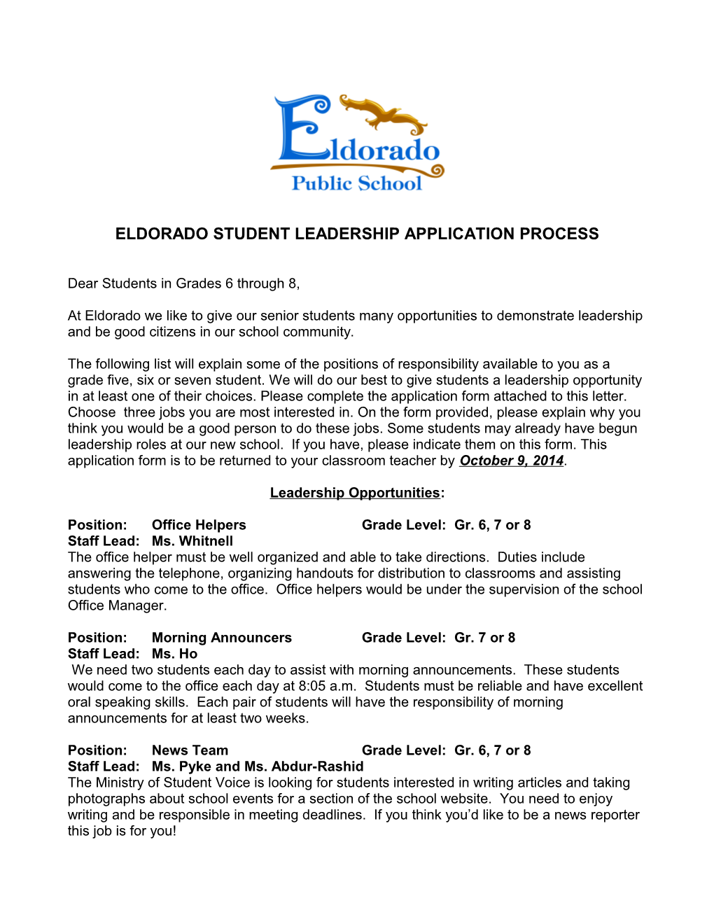 Eldorado Student Leadership Application Process