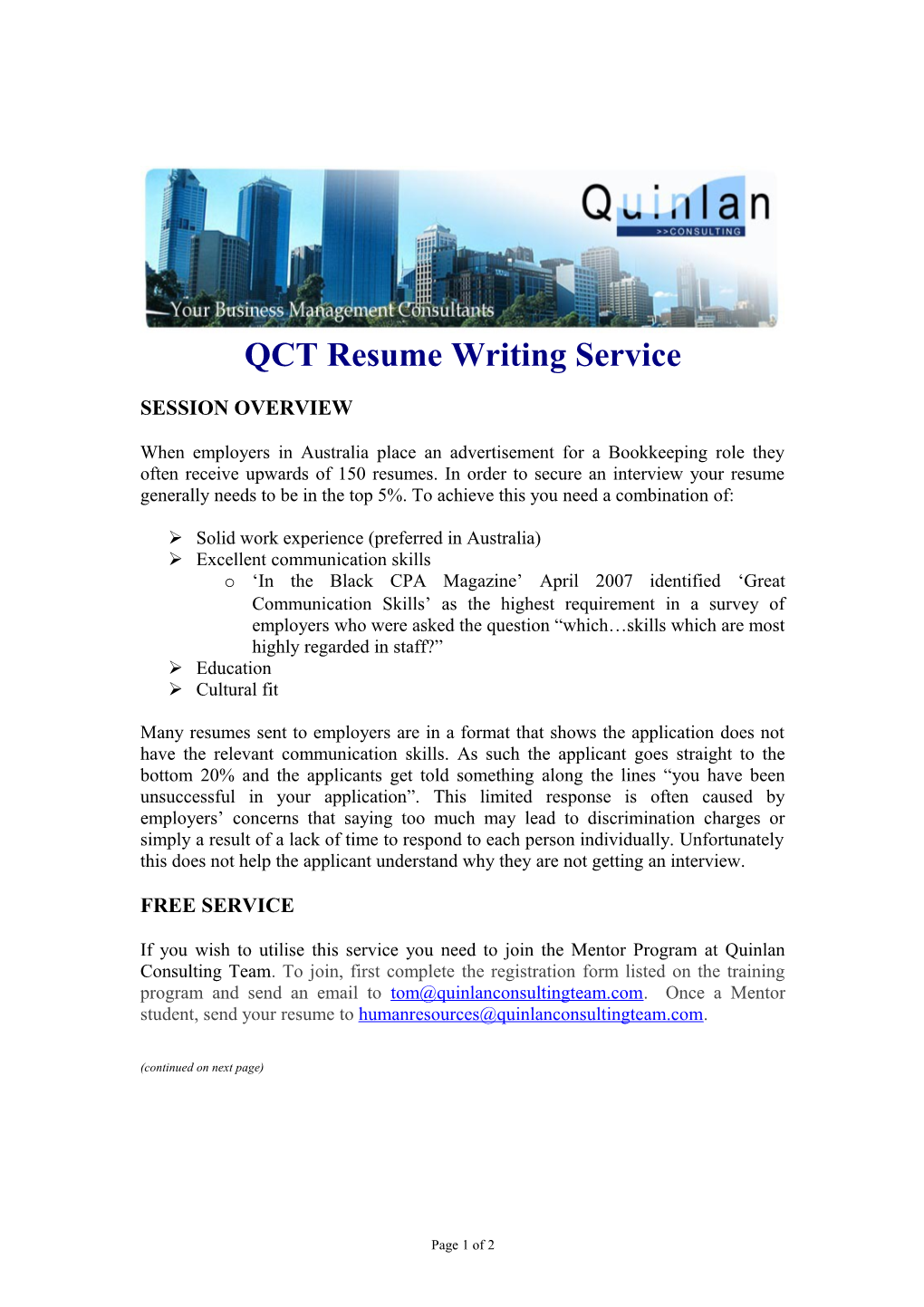 QCT Resume Writing Service