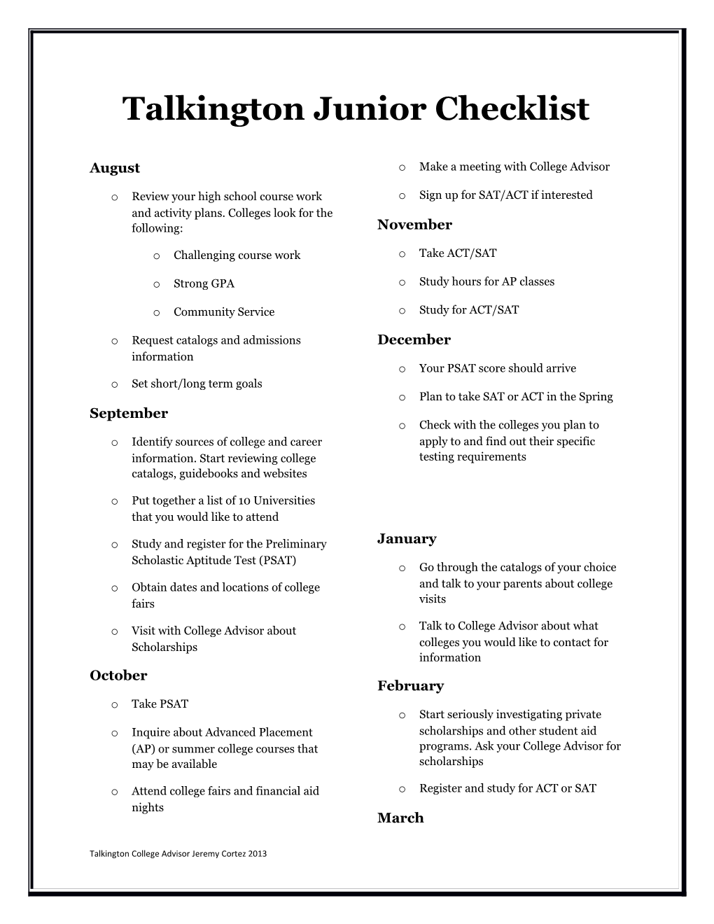 Talkington Junior Checklist
