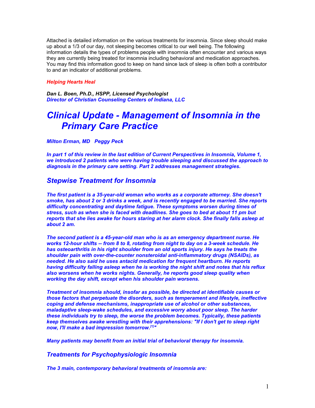 Attached Is Detailed Information on the Various Treatments for Insomnia