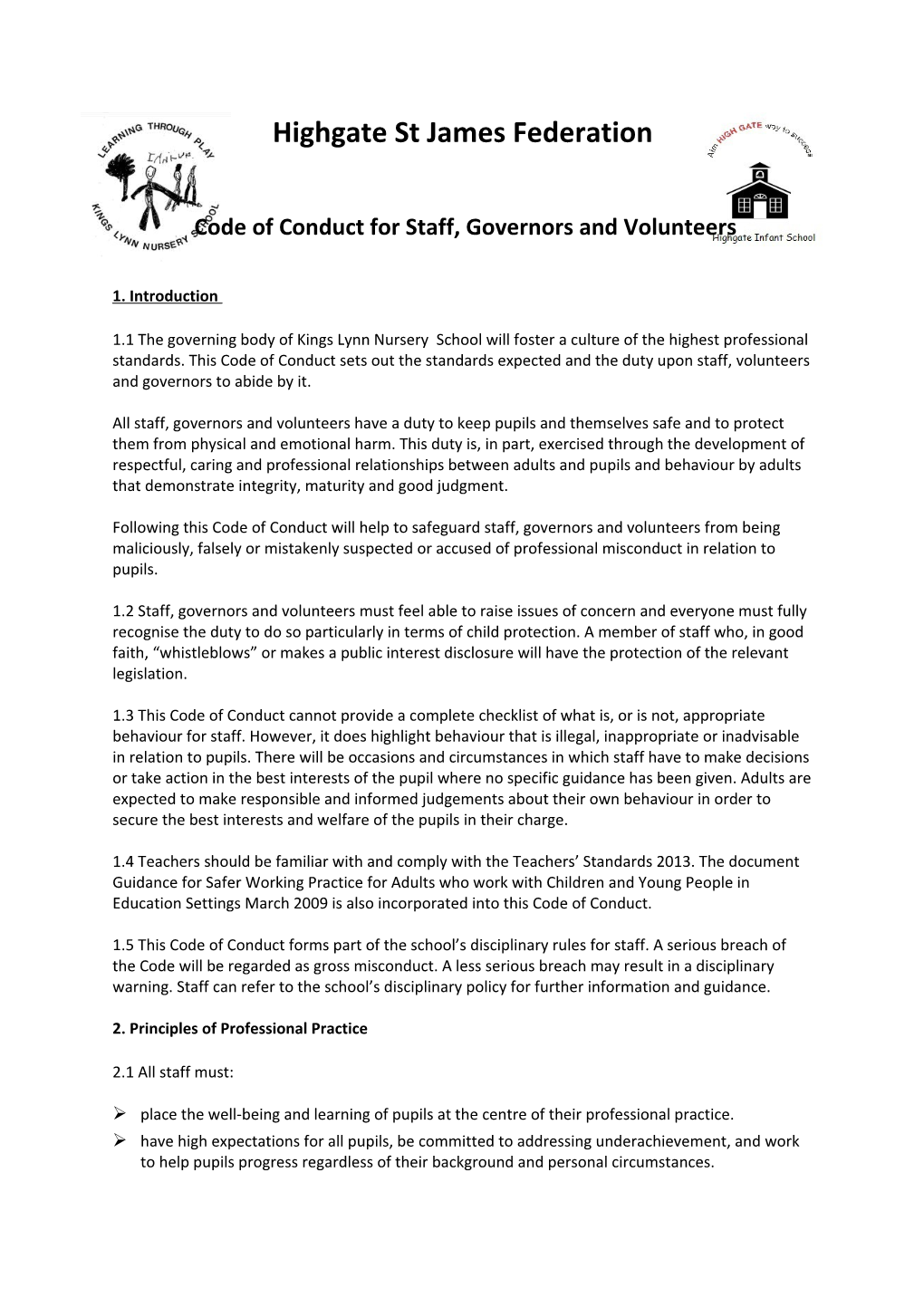 Code of Conduct for Staff, Governors and Volunteers