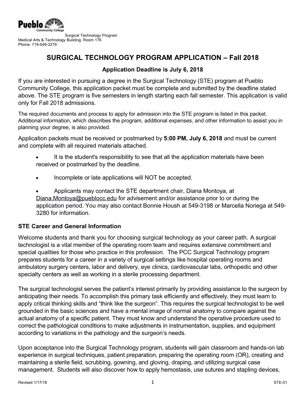 SURGICAL TECHNOLOGY PROGRAM APPLICATION Fall 2018