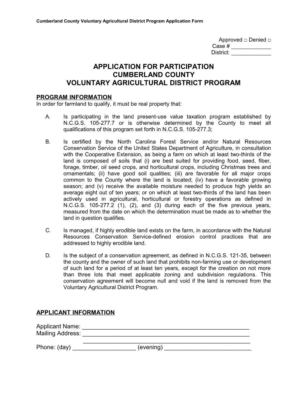 Cumberlandcounty Voluntary Agricultural District Program Application Form