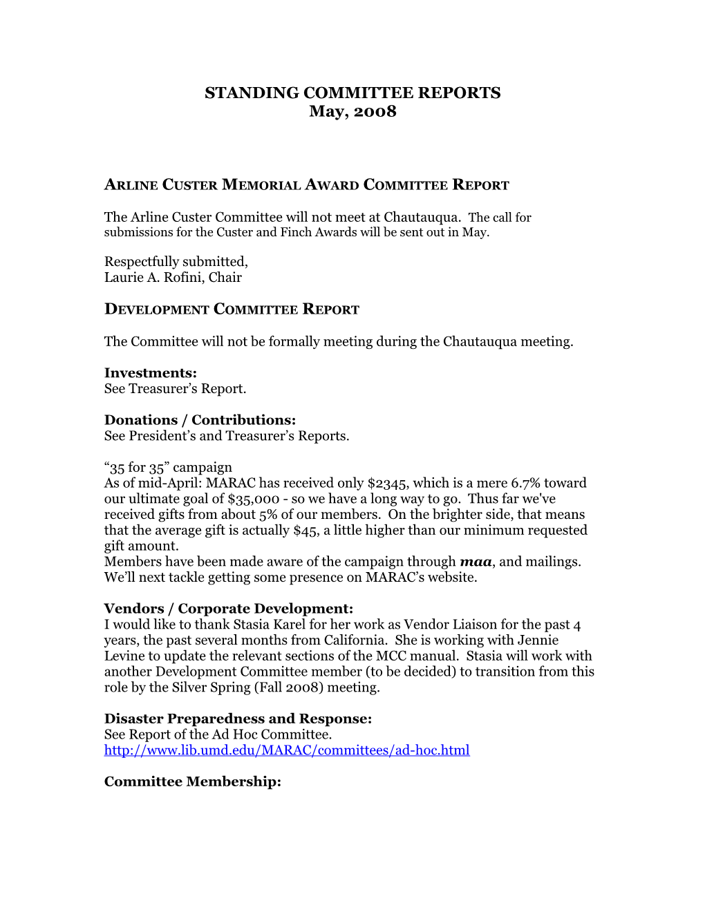 MARAC Arline Custer Memorial Award Committee Report