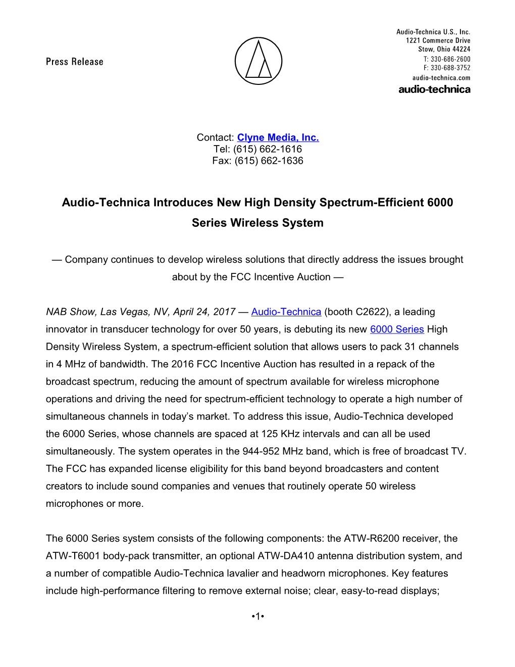 Audio-Technica Introduces New High Density Spectrum-Efficient 6000 Series Wireless System
