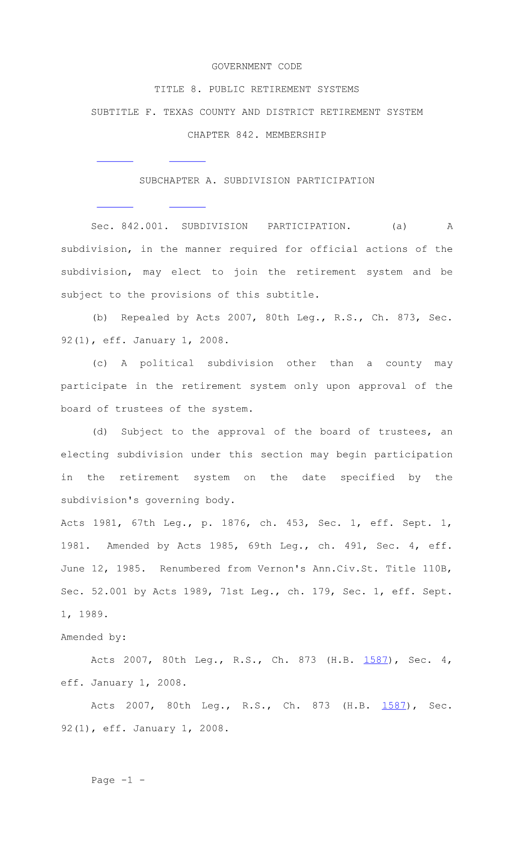 Subtitle F. Texas County and District Retirement System