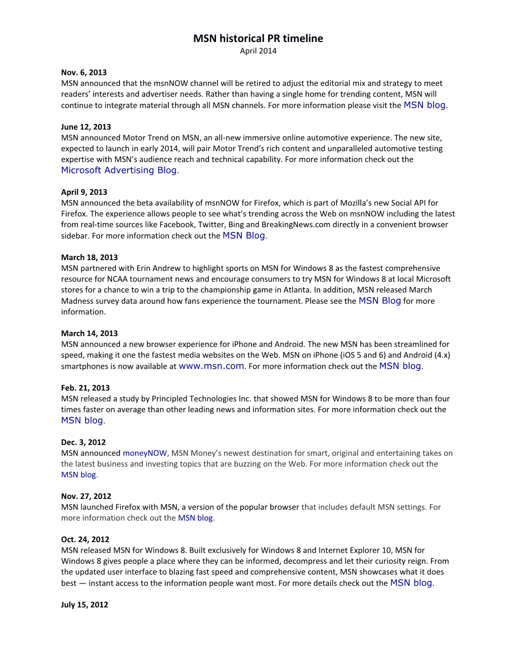 MSN Historical PR Timeline