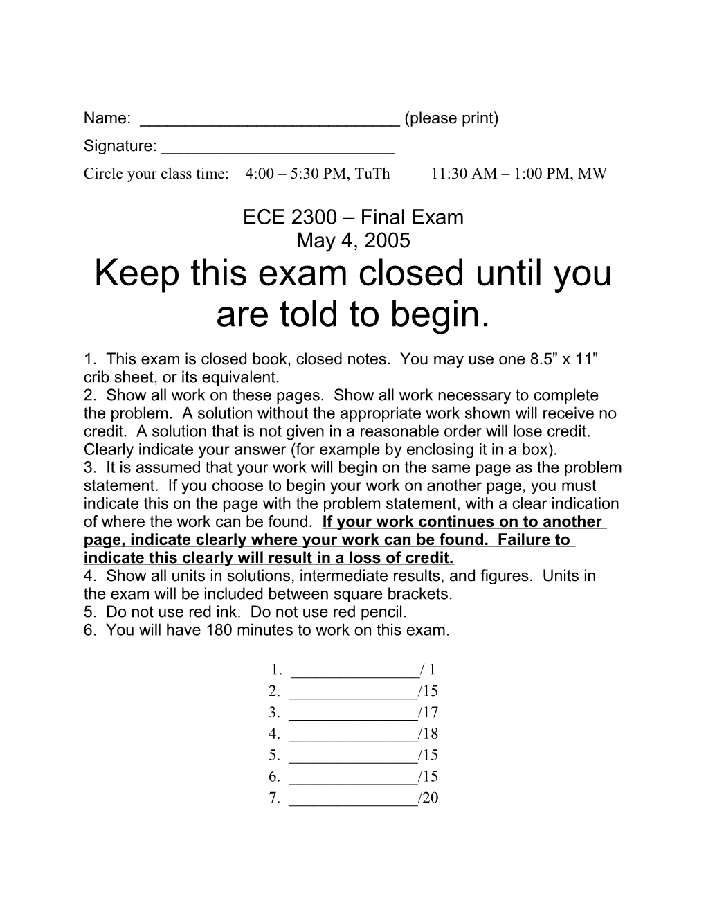 ECE 2300 Final Exam, May 4, 2005 Page 1