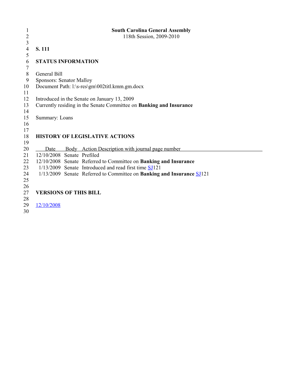 2009-2010 Bill 111: Loans - South Carolina Legislature Online