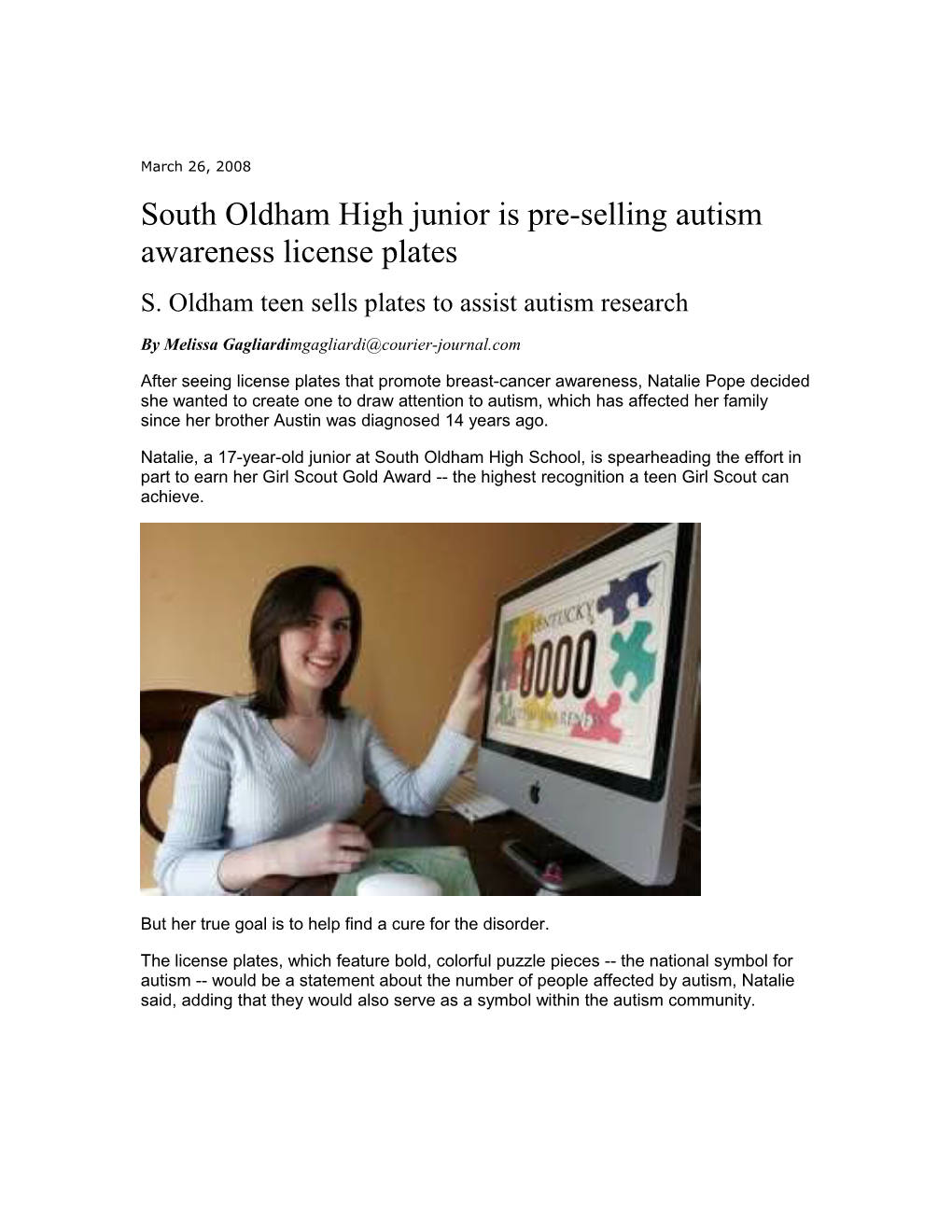 South Oldham High Junior Is Pre-Selling Autism Awareness License Plates