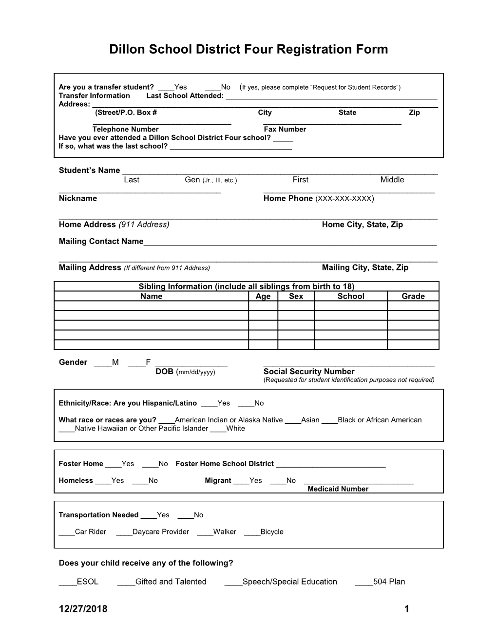Dillon School District Four Registration Form