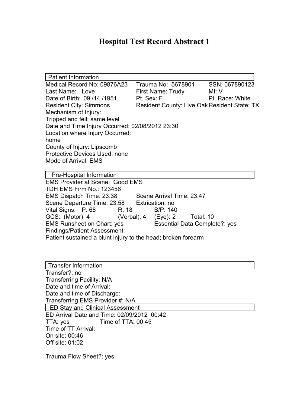 Hospital Test Record Abstract 1