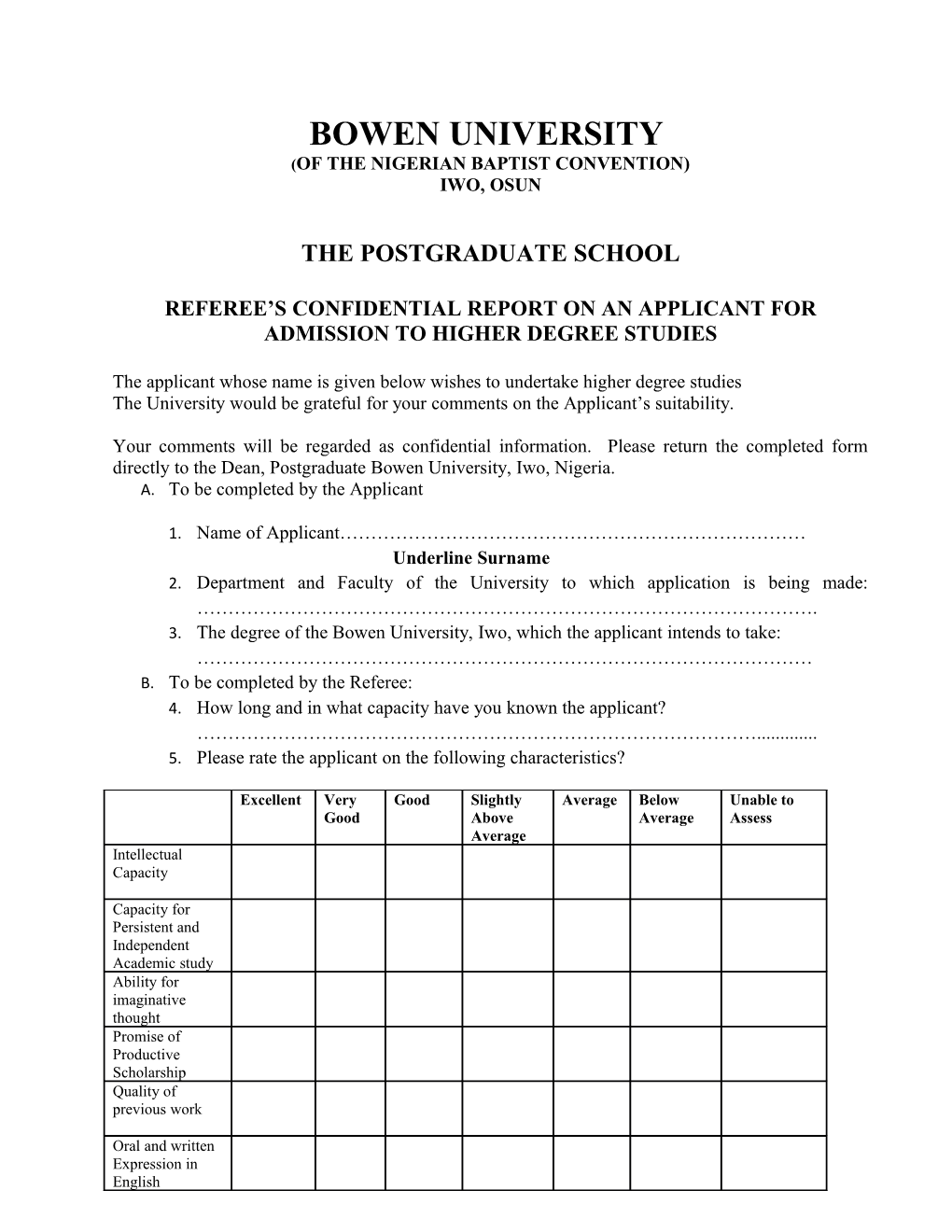 Referee S Confidential Report on an Applicant for Admission to Higher Degree Studies