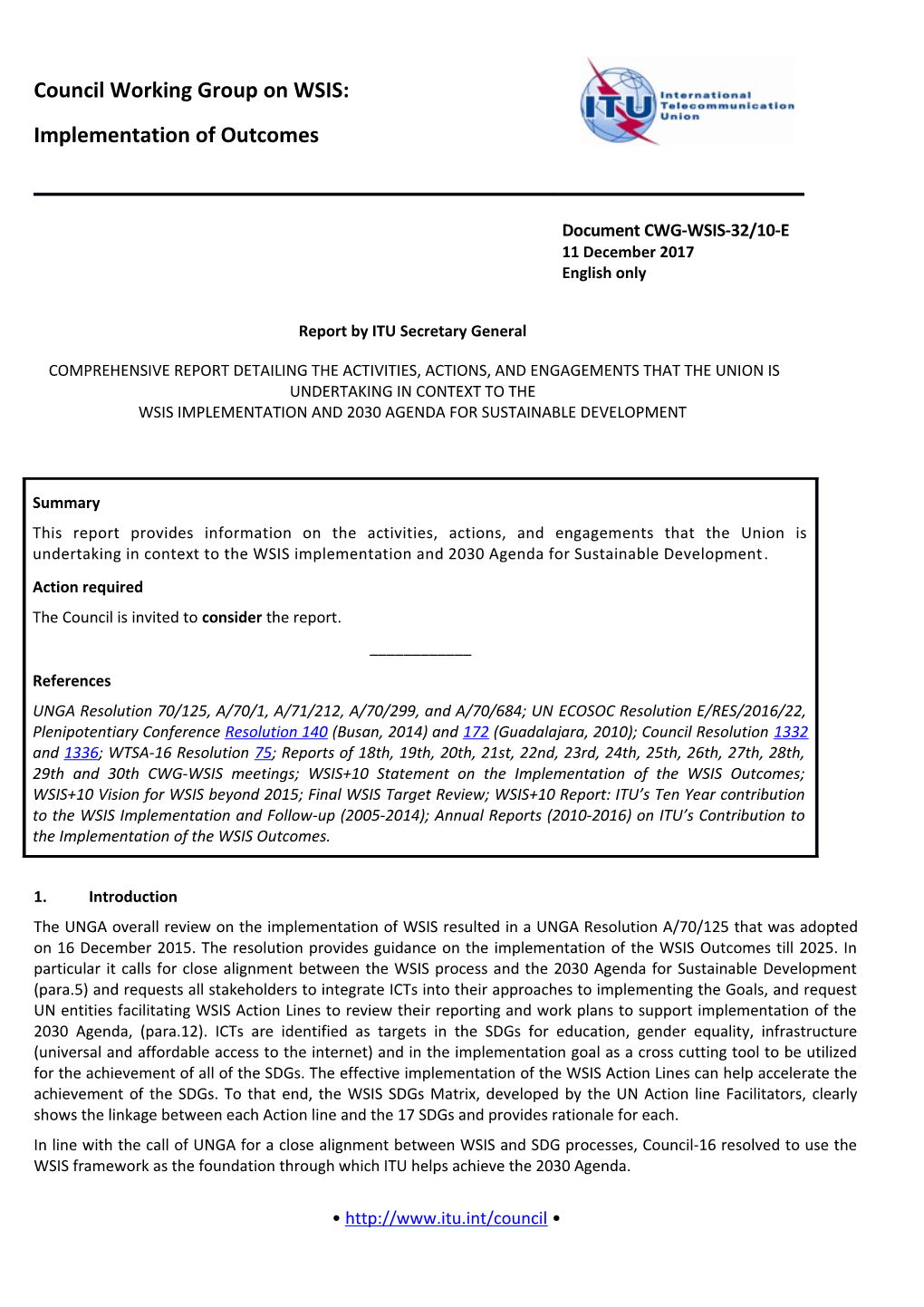 Comprehensive Report Related to the WSIS Implementation and the 2030 Agenda for Sustainable