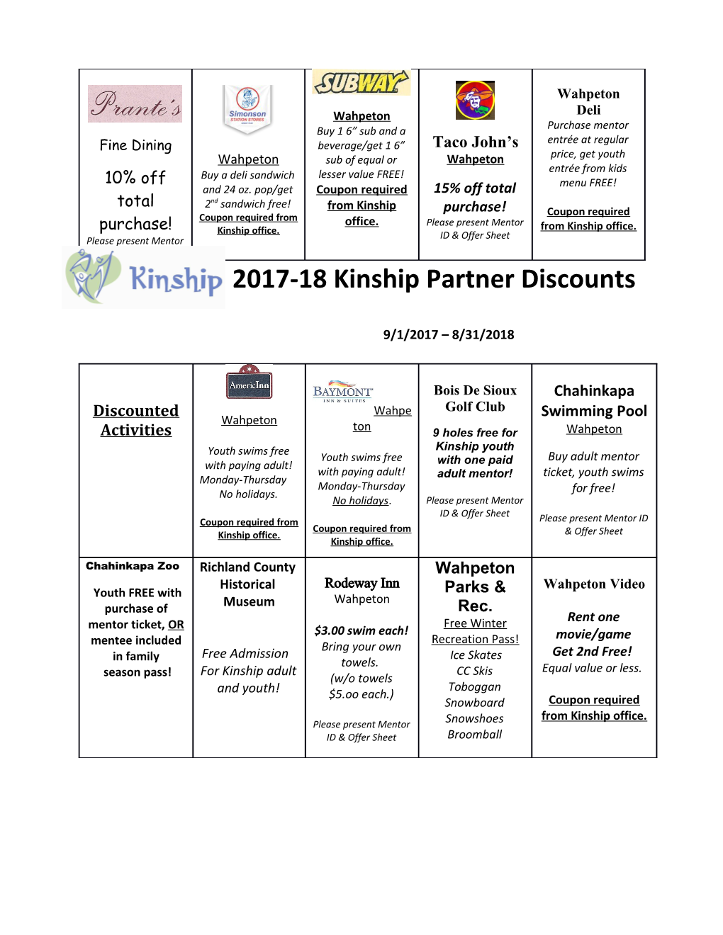 2017-18Kinship Partner Discounts