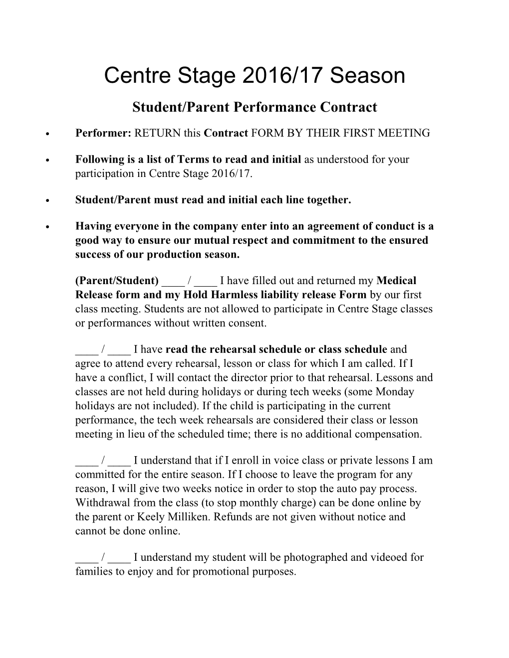 Centre Stage 2016/17 Season Student/Parent Performance Contract