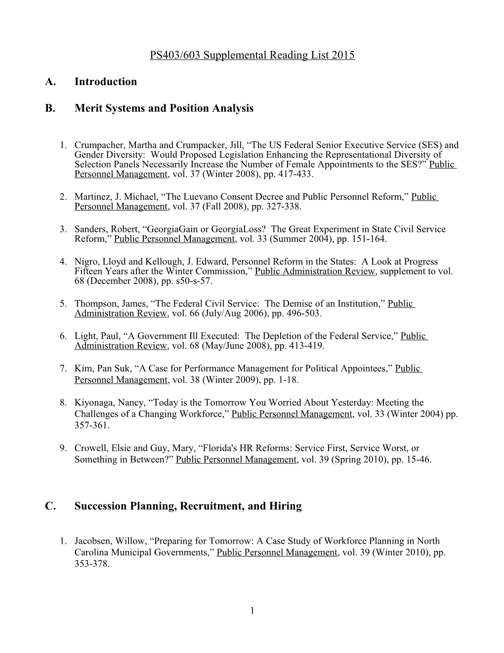 PS403/603 Supplemental Reading List