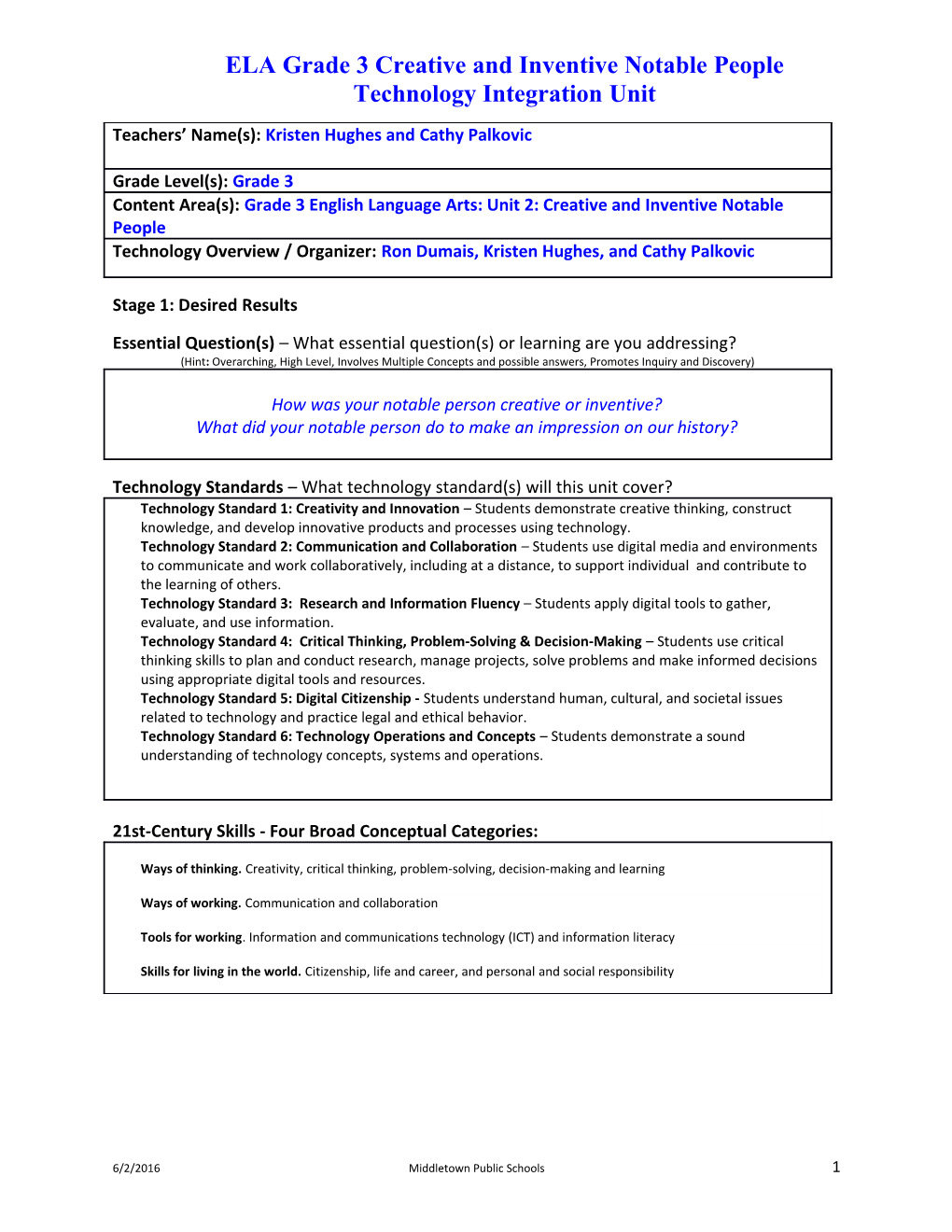 ELA Grade 3 Creative and Inventive Notable People Technology Integration Unit