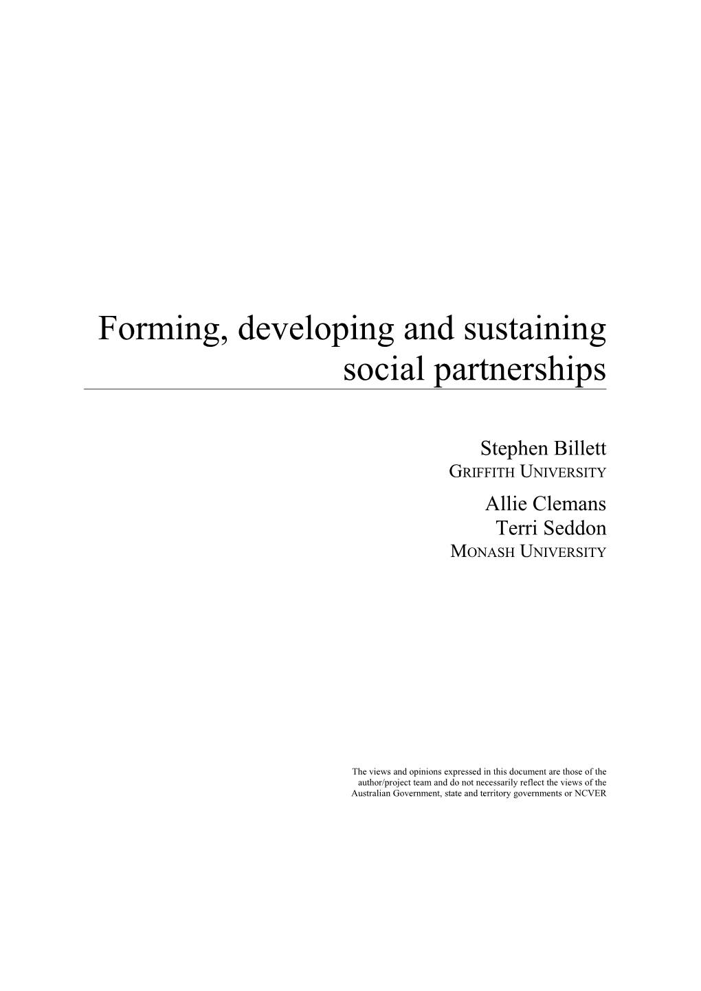 Forming, Developing and Sustaining Social Partnerships