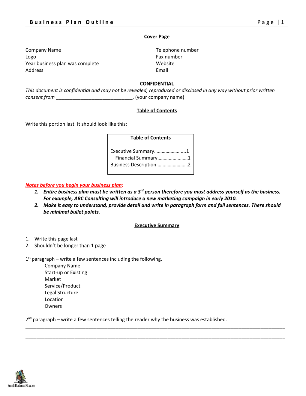 Business Plan Outline Page 1