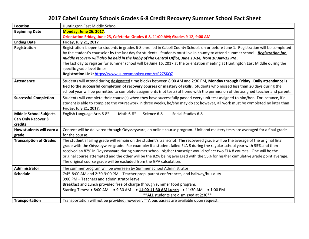 2017Cabell County Schools Grades 6-8 Credit Recovery Summer School Fact Sheet