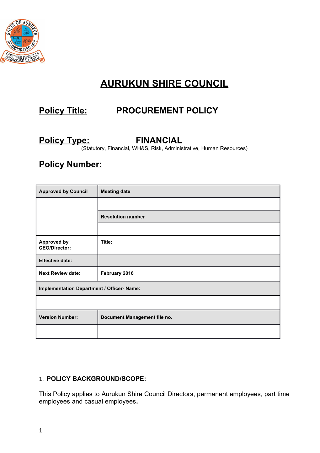 Policy Title:PROCUREMENT POLICY