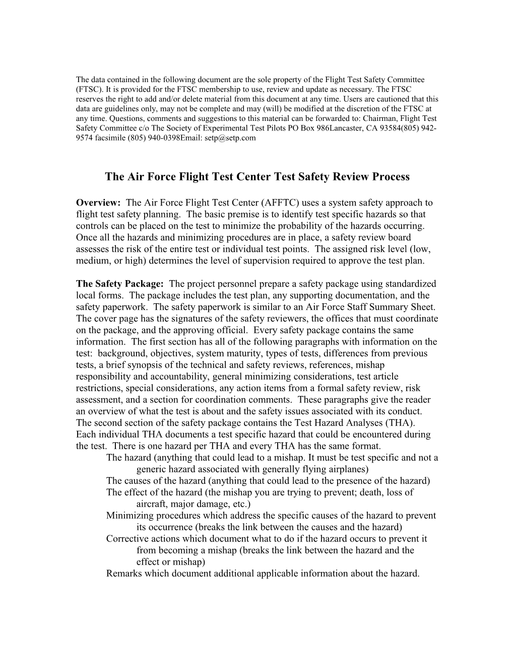 The Air Force Flight Test Center Test Safety Review Process