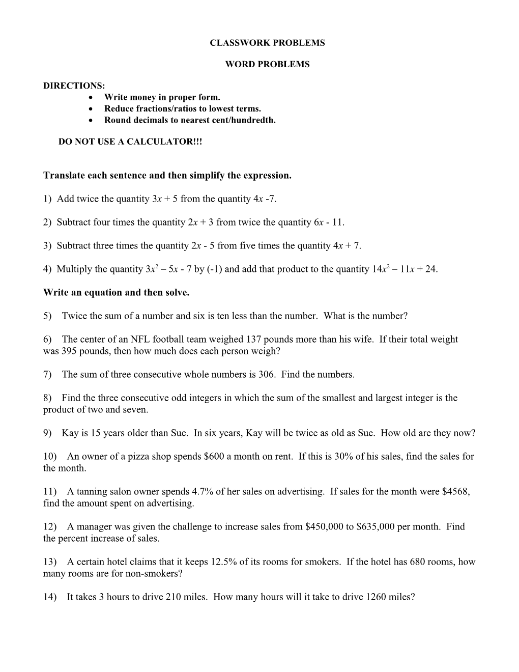 1) Twice the Sum of a Number and Six Is Ten Less Than the Number