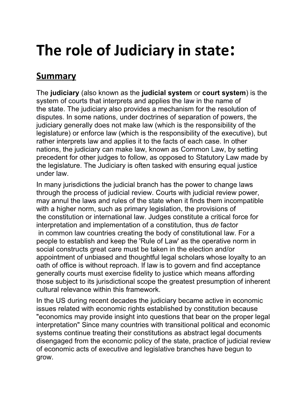 The Role of Judiciary in State