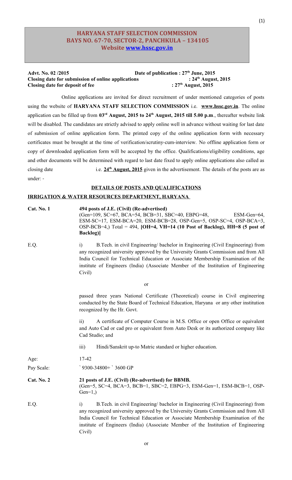 Advt. No. 02 /2015 Date of Publication: 27Th June, 2015