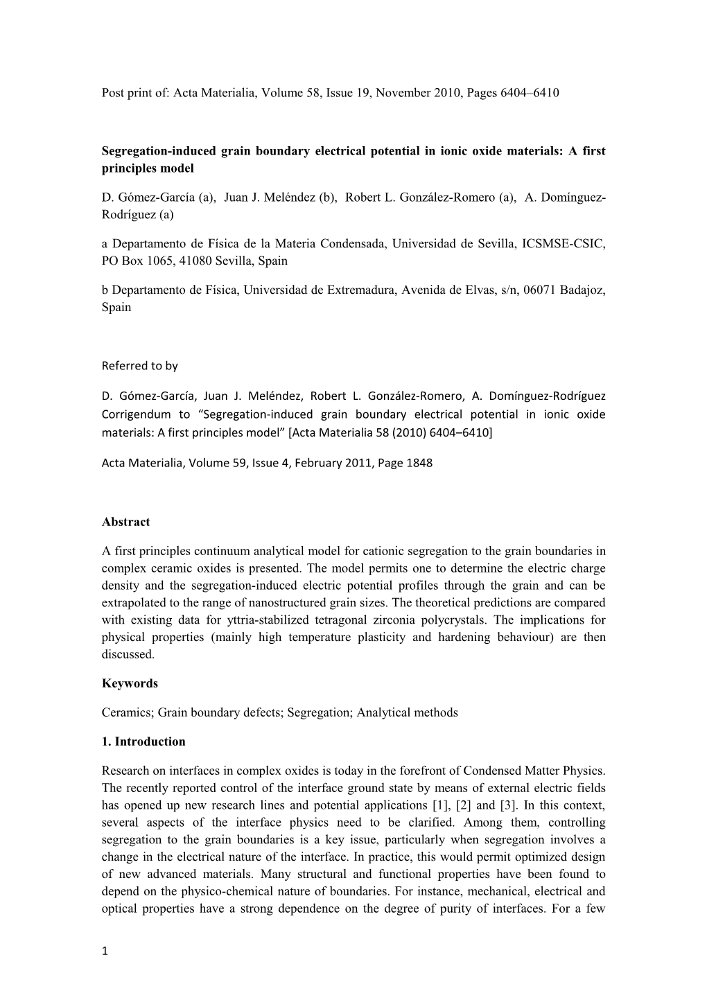Post Print Of: Actamaterialia, Volume 58, Issue 19, November 2010, Pages 6404 6410